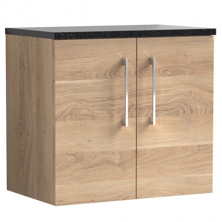 Arno 600mm Wall Hung 2 Door Vanity Unit & Laminate Worktop - Bleached Oak/Sparkle Black