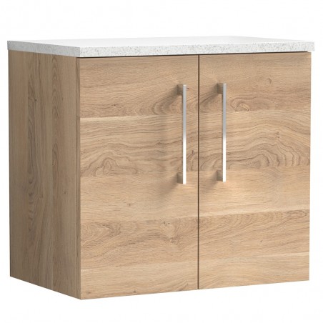 Arno 600mm Wall Hung 2 Door Vanity Unit & Laminate Worktop - Bleached Oak/Sparkle White