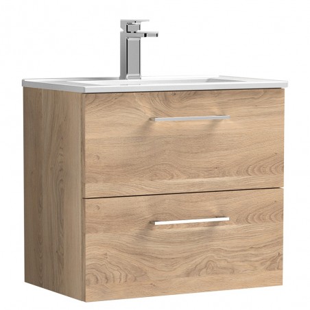 Arno 600mm Wall Hung 2 Drawer Vanity Unit & Minimalist Ceramic Basin - Bleached Oak