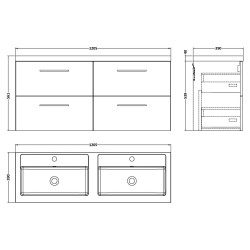 Arno 1200mm Wall Hung 4 Drawer Vanity Unit & Double Polymarble Basin - Bleached Oak - Technical Drawing