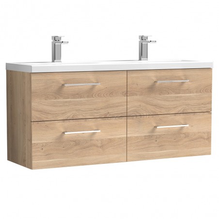 Arno 1200mm Wall Hung 4 Drawer Vanity Unit & Double Ceramic Basin - Bleached Oak