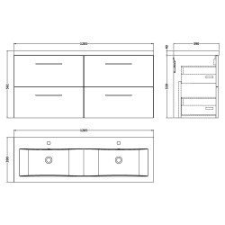 Arno 1200mm Wall Hung 4 Drawer Vanity Unit & Double Ceramic Basin - Bleached Oak - Technical Drawing