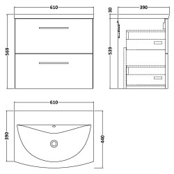 Arno 600mm Wall Hung 2 Drawer Vanity Unit & Curved Ceramic Basin - Bleached Oak - Technical Drawing