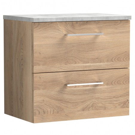 Arno 600mm Wall Hung 2 Drawer Vanity Unit & Laminate Worktop - Bleached Oak/Bellato Grey