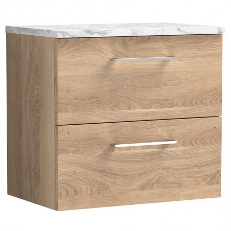 Arno 600mm Wall Hung 2 Drawer Vanity Unit & Laminate Worktop - Bleached Oak/Carrera Marble