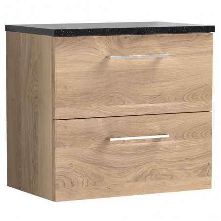 Arno 600mm Wall Hung 2 Drawer Vanity Unit & Laminate Worktop - Bleached Oak/Sparkle Black