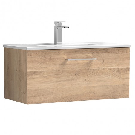 Arno 800mm Wall Hung Single Drawer Vanity Unit & Minimalist Ceramic Basin - Bleached Oak