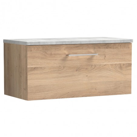 Arno 800mm Wall Hung Single Drawer Vanity Unit & Laminate Worktop - Bleached Oak/Bellato Grey