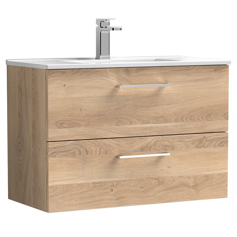 Arno 800mm Wall Hung 2 Drawer Vanity Unit & Minimalist Ceramic Basin - Bleached Oak Arno 800mm Wall Hung 2 Drawer Vanity Unit & Minimalist Ceramic Basin - Bleached Oak