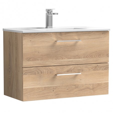 Arno 800mm Wall Hung 2 Drawer Vanity Unit & Minimalist Ceramic Basin - Bleached Oak