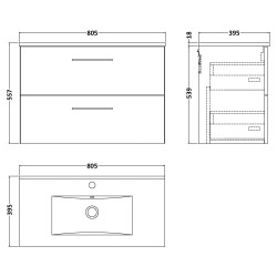 Arno 800mm Wall Hung 2 Drawer Vanity Unit & Minimalist Ceramic Basin - Bleached Oak - Technical Drawing