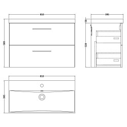 Arno 800mm Wall Hung 2 Drawer Vanity Unit & Thin-Edge Ceramic Basin - Bleached Oak - Technical Drawing