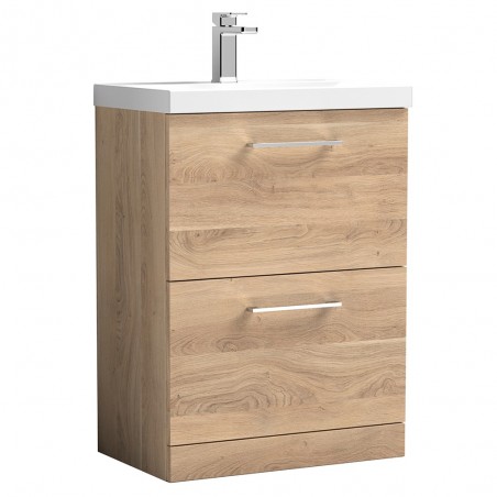 Arno 600mm Freestanding 2 Drawer Vanity Unit & Mid-Edge Ceramic Basin - Bleached Oak