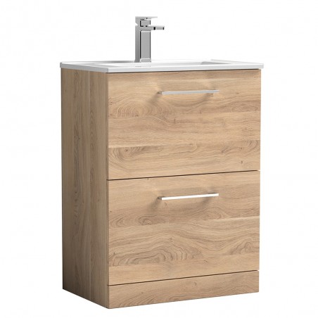 Arno 600mm Freestanding 2 Drawer Vanity Unit & Minimalist Ceramic Basin - Bleached Oak