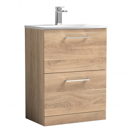 Arno 600mm Freestanding 2 Drawer Vanity Unit & Curved Ceramic Basin - Bleached Oak