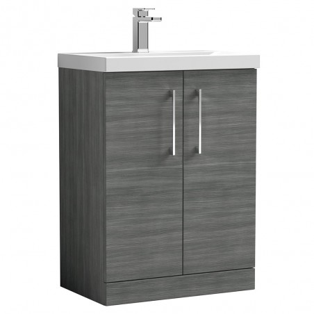 Arno 600mm Freestanding 2 Door Vanity Unit with Mid-Edge Basin - Anthracite Woodgrain