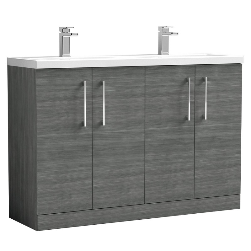 Arno 1200mm Freestanding 4 Door Vanity Unit with Double Ceramic Basin - Anthracite Woodgrain Arno 1200mm Freestanding 4 Door Vanity Unit with Double Ceramic Basin - Anthracite Woodgrain