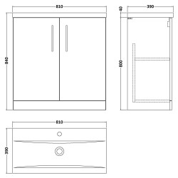 Arno 800mm Freestanding 2 Door Vanity Unit with Mid-Edge Basin - Anthracite Woodgrain - Technical Drawing