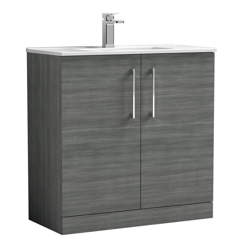 Arno 800mm Freestanding 2 Door Vanity Unit with Minimalist Basin - Anthracite Woodgrain Arno 800mm Freestanding 2 Door Vanity Unit with Minimalist Basin - Anthracite Woodgrain