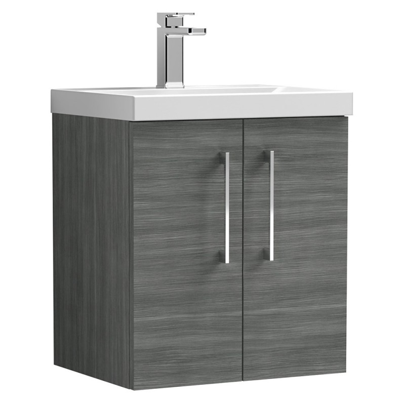 Arno 500mm Wall Hung 2 Door Vanity Unit with Mid-Edge Basin - Anthracite Woodgrain