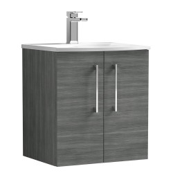 Arno 500mm Wall Hung 2 Door Vanity Unit with Curved Basin - Anthracite Woodgrain