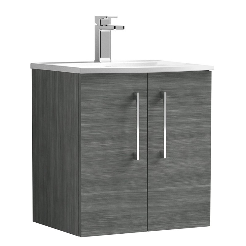 Arno 500mm Wall Hung 2 Door Vanity Unit with Curved Basin - Anthracite Woodgrain Arno 500mm Wall Hung 2 Door Vanity Unit with Curved Basin - Anthracite Woodgrain