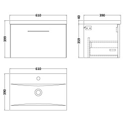 Arno 600mm Wall Hung Single Drawer Vanity Unit with Mid-Edge Basin - Anthracite Woodgrain - Technical Drawing