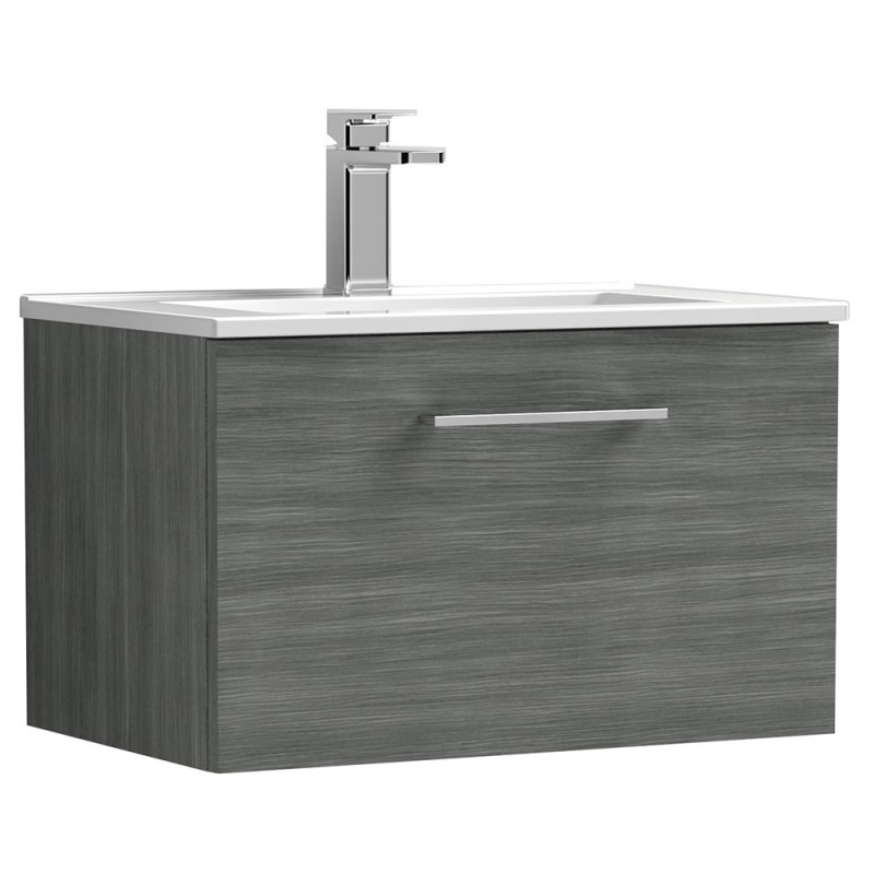 Arno 600mm Wall Hung Single Drawer Vanity Unit with Minimalist Basin - Anthracite Woodgrain Arno 600mm Wall Hung Single Drawer Vanity Unit with Minimalist Basin - Anthracite Woodgrain