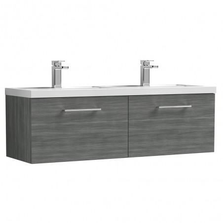 Arno 1200mm Wall Hung 2 Drawer Vanity Unit with Double Polymarble Basin - Anthracite Woodgrain