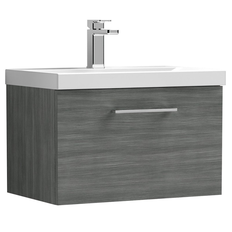 Arno 600mm Wall Hung Single Drawer Vanity Unit with Thin-Edge Basin - Anthracite Woodgrain Arno 600mm Wall Hung Single Drawer Vanity Unit with Thin-Edge Basin - Anthracite Woodgrain