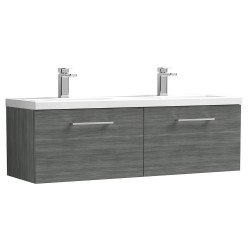 Arno 1200mm Wall Hung 2 Drawer Vanity Unit with Double Ceramic Basin - Anthracite Woodgrain