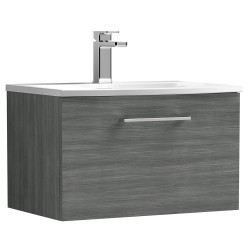 Arno 600mm Wall Hung Single Drawer Vanity Unit with Curved Basin - Anthracite Woodgrain