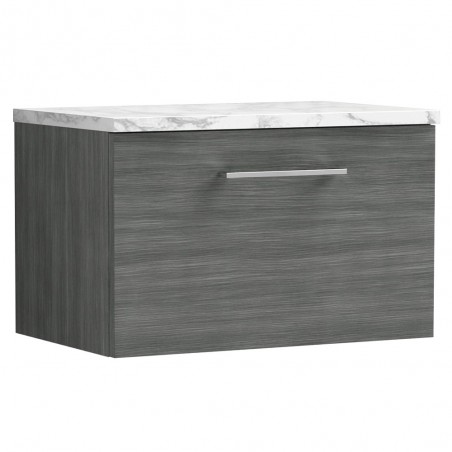 Arno 600mm Wall Hung Single Drawer Vanity Unit & Laminate Worktop - Anthracite Woodgrain/Carrera Marble