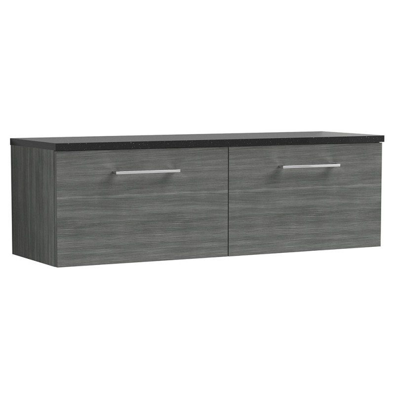 Arno 1200mm Wall Hung 2 Drawer Vanity Unit & Laminate Worktop - Anthracite Woodgrain/Sparkle Black