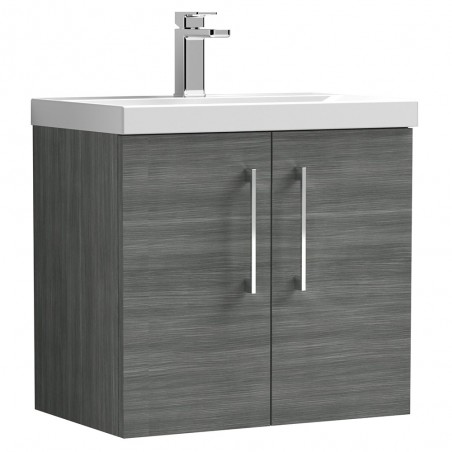 Arno 600mm Wall Hung 2 Door Vanity Unit with Mid-Edge Basin - Anthracite Woodgrain