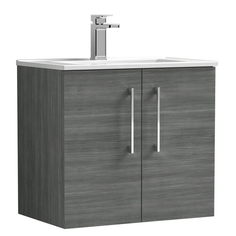 Arno 600mm Wall Hung 2 Door Vanity Unit with Minimalist Basin - Anthracite Woodgrain Arno 600mm Wall Hung 2 Door Vanity Unit with Minimalist Basin - Anthracite Woodgrain