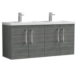 Arno 1200mm Wall Hung 4 Door Vanity Unit with Double Polymarble Basin - Anthracite Woodgrain