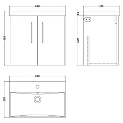 Arno 600mm Wall Hung 2 Door Vanity Unit with Thin-Edge Basin - Anthracite Woodgrain - Technical Drawing