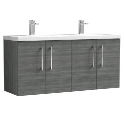 Arno 1200mm Wall Hung 4 Door Vanity Unit with Double Ceramic Basin - Anthracite Woodgrain