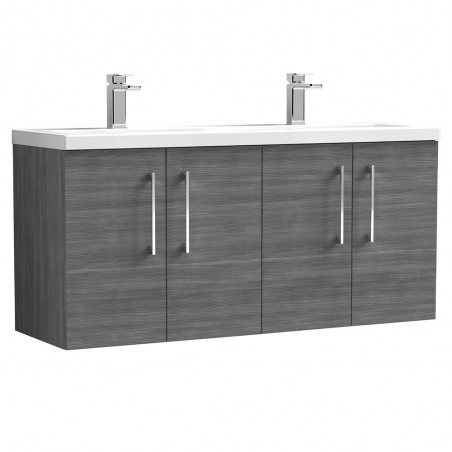 Arno 1200mm Wall Hung 4 Door Vanity Unit with Double Ceramic Basin - Anthracite Woodgrain