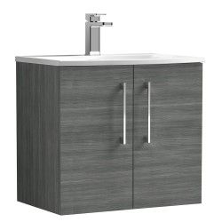 Arno 600mm Wall Hung 2 Door Vanity Unit with Curved Basin - Anthracite Woodgrain