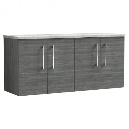 Arno 1200mm Wall Hung 4 Door Vanity Unit & Laminate Worktop - Anthracite Woodgrain/Bellato Grey