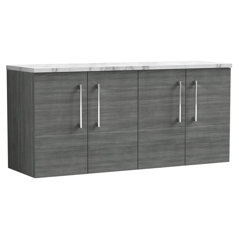 Arno 1200mm Wall Hung 4 Door Vanity Unit & Laminate Worktop - Anthracite Woodgrain/Carrera Marble
