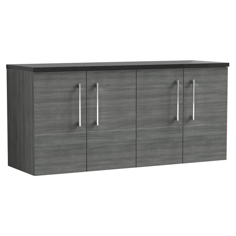 Arno 1200mm Wall Hung 4 Door Vanity Unit & Laminate Worktop - Anthracite Woodgrain/Sparkle Black Arno 1200mm Wall Hung 4 Door Vanity Unit & Laminate Worktop - Anthracite Woodgrain/Sparkle Black