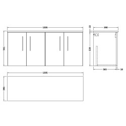 Arno 1200mm Wall Hung 4 Door Vanity Unit & Laminate Worktop - Anthracite Woodgrain/Sparkle Black - Technical Drawing