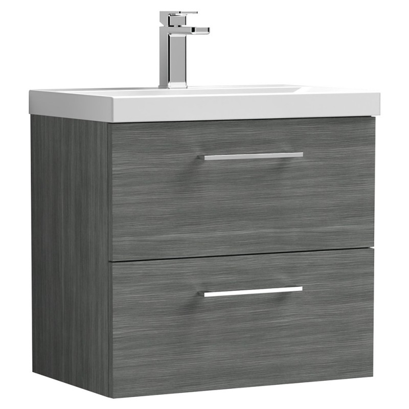 Arno 600mm Wall Hung 2 Drawer Vanity Unit with Mid-Edge Basin - Anthracite Woodgrain Arno 600mm Wall Hung 2 Drawer Vanity Unit with Mid-Edge Basin - Anthracite Woodgrain