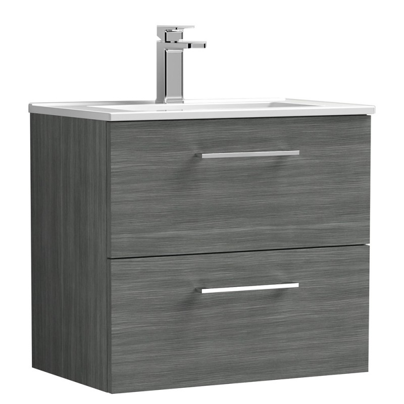 Arno 600mm Wall Hung 2 Drawer Vanity Unit with Minimalist Basin - Anthracite Woodgrain Arno 600mm Wall Hung 2 Drawer Vanity Unit with Minimalist Basin - Anthracite Woodgrain
