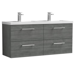 Arno 1200mm Wall Hung 4 Drawer Vanity Unit with Double Polymarble Basin - Anthracite Woodgrain