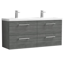 Arno 1200mm Wall Hung 4 Drawer Vanity Unit with Double Ceramic Basin - Anthracite Woodgrain