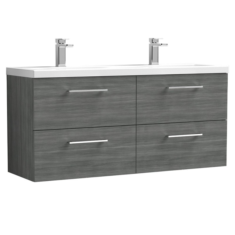 Arno 1200mm Wall Hung 4 Drawer Vanity Unit with Double Ceramic Basin - Anthracite Woodgrain Arno 1200mm Wall Hung 4 Drawer Vanity Unit with Double Ceramic Basin - Anthracite Woodgrain